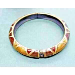 Vintage  Bracelet Brass Enameled Hinged Bangle Gold Tone Autumn  Colors Textured